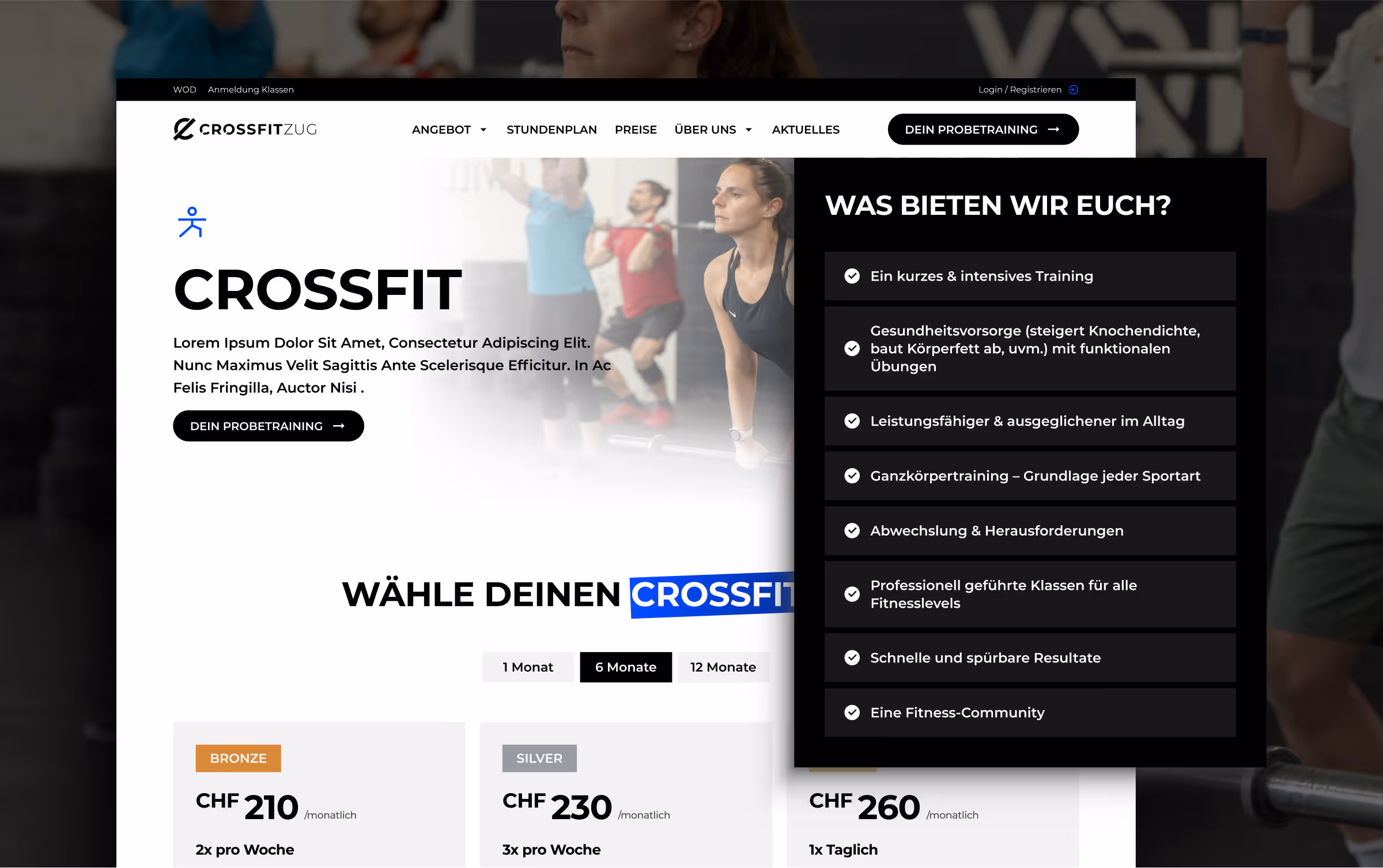 CrossFit-Zugang Website mit Trainingsangeboten, Preisen und Vorteilen wie intensives Training, Gesundheitsvorsorge und Fitness-Community.