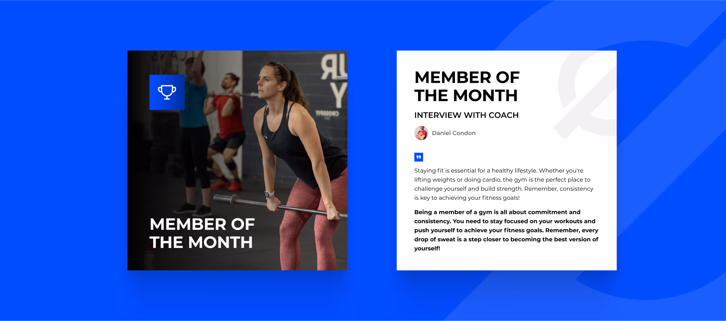 Frau hält Langhantel beim Training im Fitnessstudio, daneben Text ‚Mitglied des Monats‘ und Interview mit Trainer Daniel Condon.