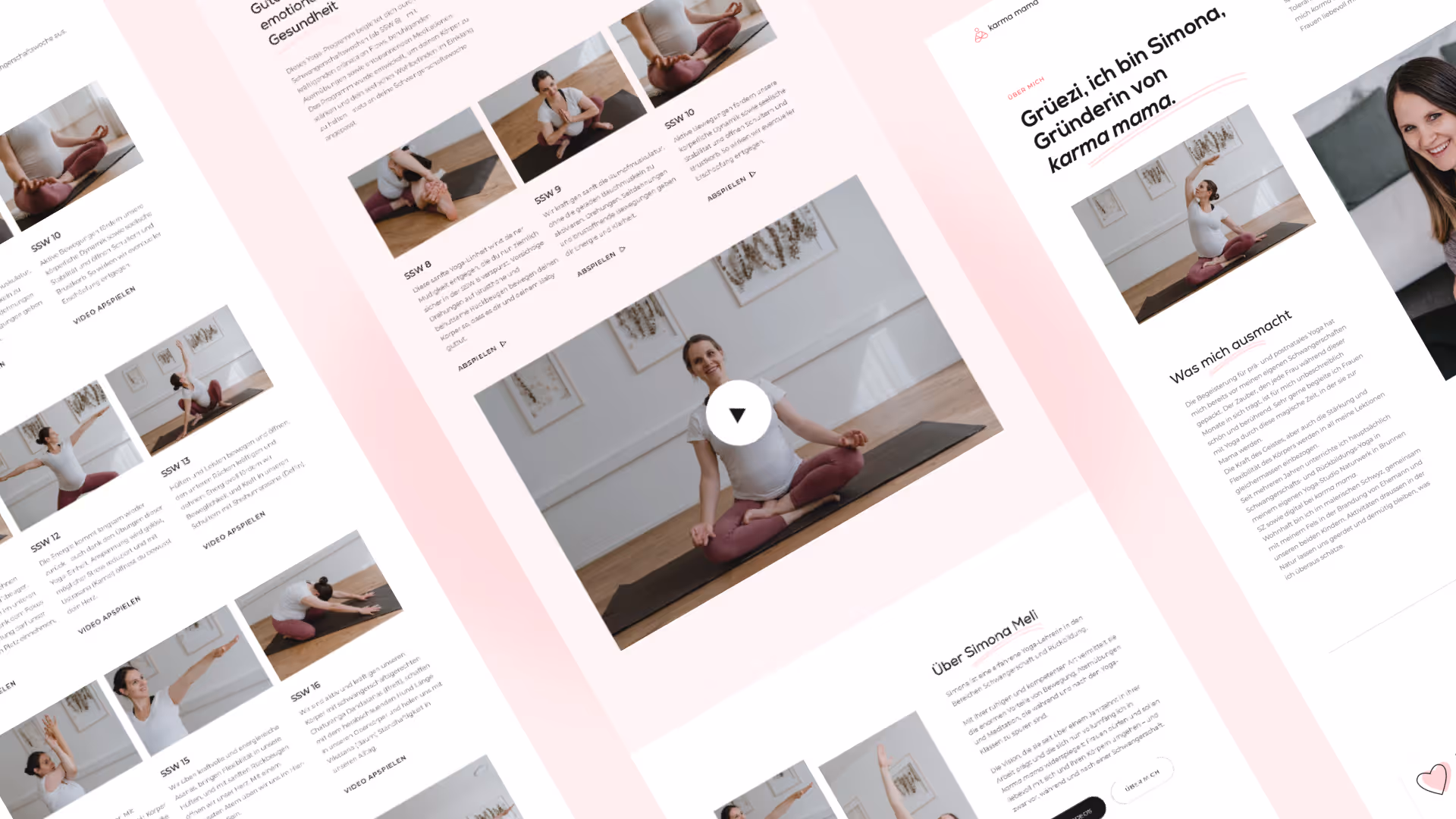 Webseite von karma mama mit Yoga-Videos und einer Vorstellung der Gründerin Simona in Schwangerschafts-Yoga-Posen.