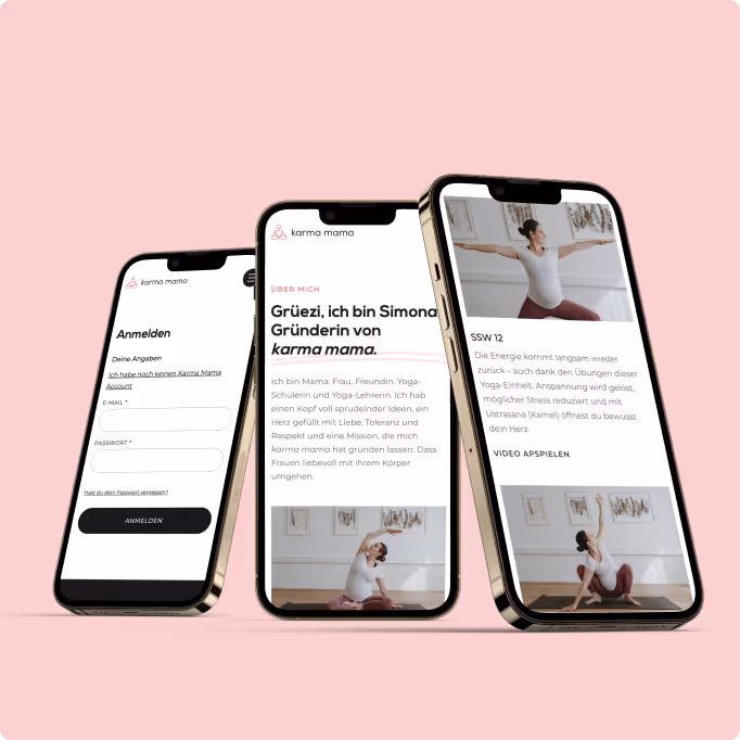 Drei Smartphones auf rosa Hintergrund zeigen eine Yoga-App mit Login-Bildschirm, Gründerinnenvorstellung und einer Yogasession für Schwangere in Woche 12.