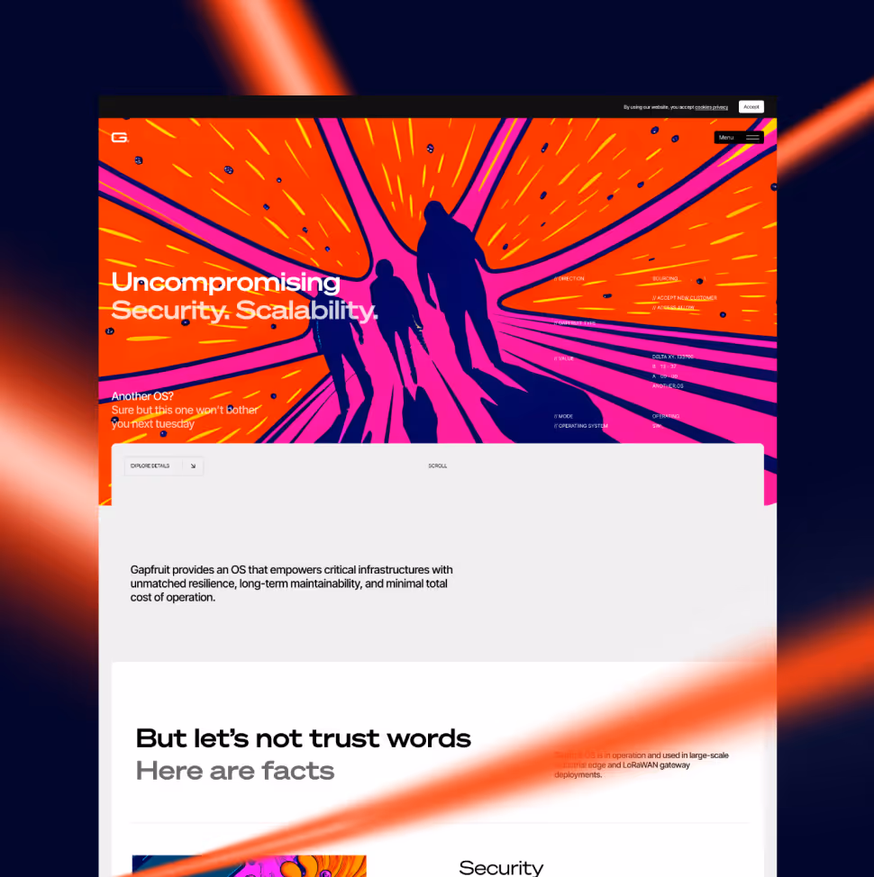 Bunte Grafik mit drei schwarzen Silhouetten vor orange-rosa Hintergrund, Text betont Sicherheit und Skalierbarkeit eines Betriebssystems.