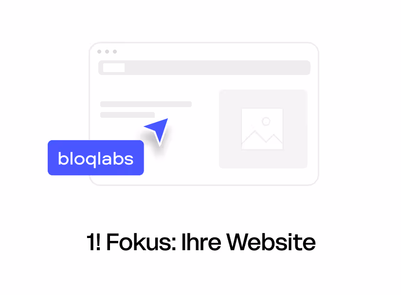 Illustration eines Browserfensters mit einem blauen Mauszeiger, der auf ein blaue Beschriftung mit dem Text 'bloqlabs' zeigt.