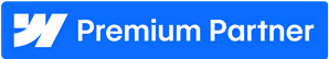 Premium Partner Schriftzug neben blauem Logo auf blauem Hintergrund.