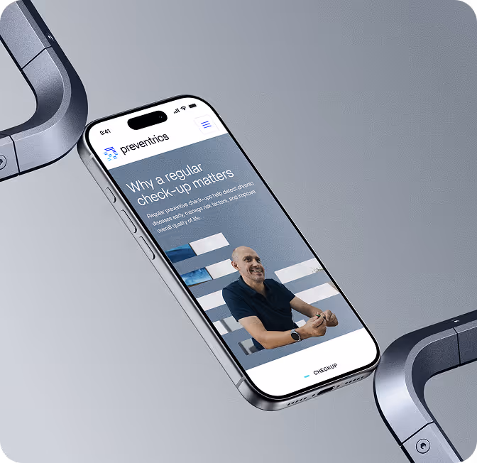 Smartphone mit geöffnetem Preventics-Artikel zum Thema Bedeutung regelmässiger Gesundheits-Check-ups, mit Bild eines lächelnden Mannes.