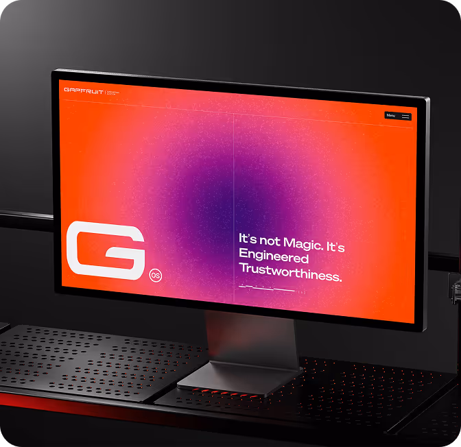 Computer monitor displaying orange and purple gradient screen with text 'It’s not Magic. It’s Engineered Trustworthiness.' and a large white G logo.