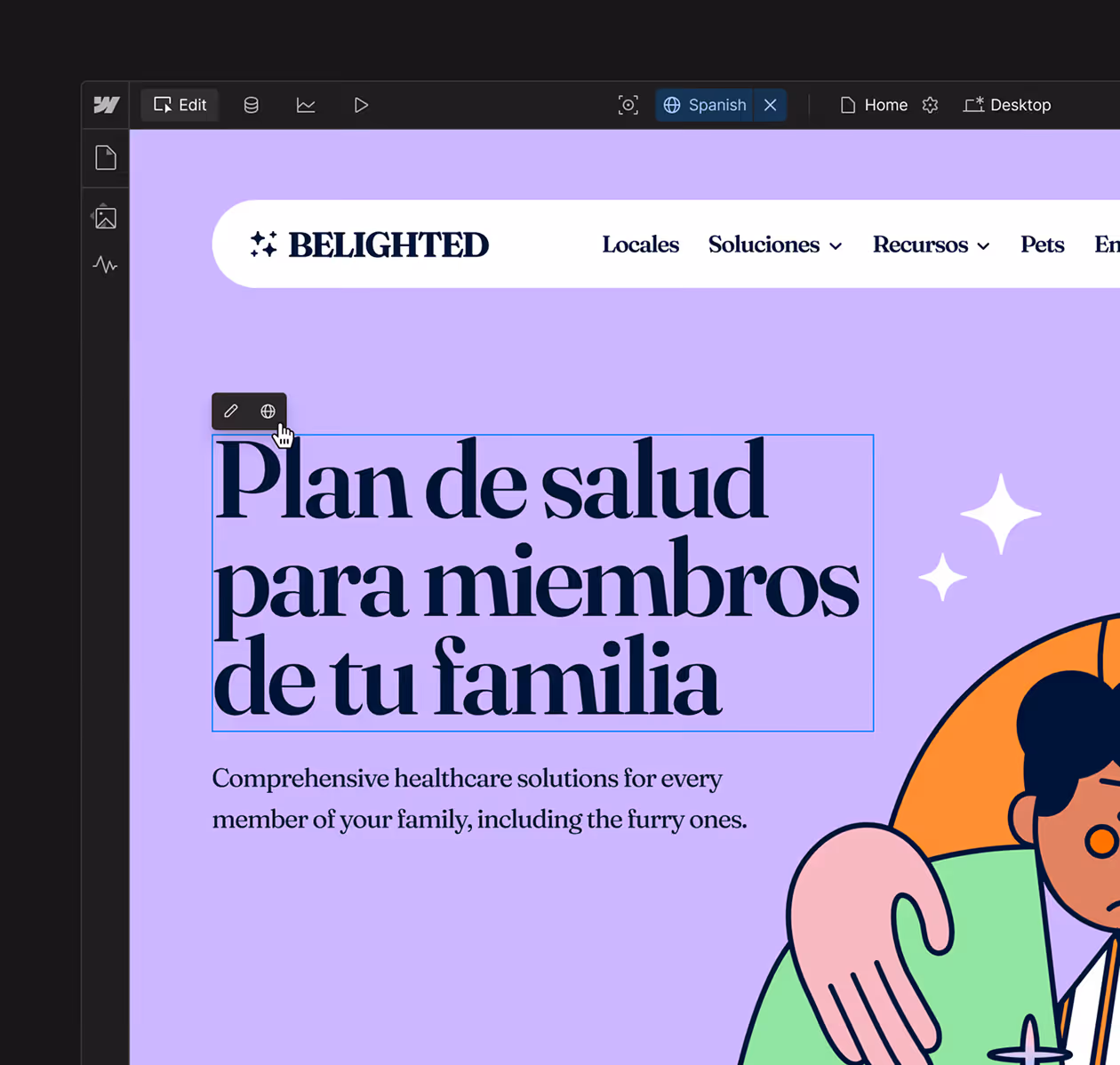 Webdesign-Oberfläche zeigt Spanischsprachige Gesundheitsvorsorge für Familienmitglieder mit Illustration einer Person und Umarmung.