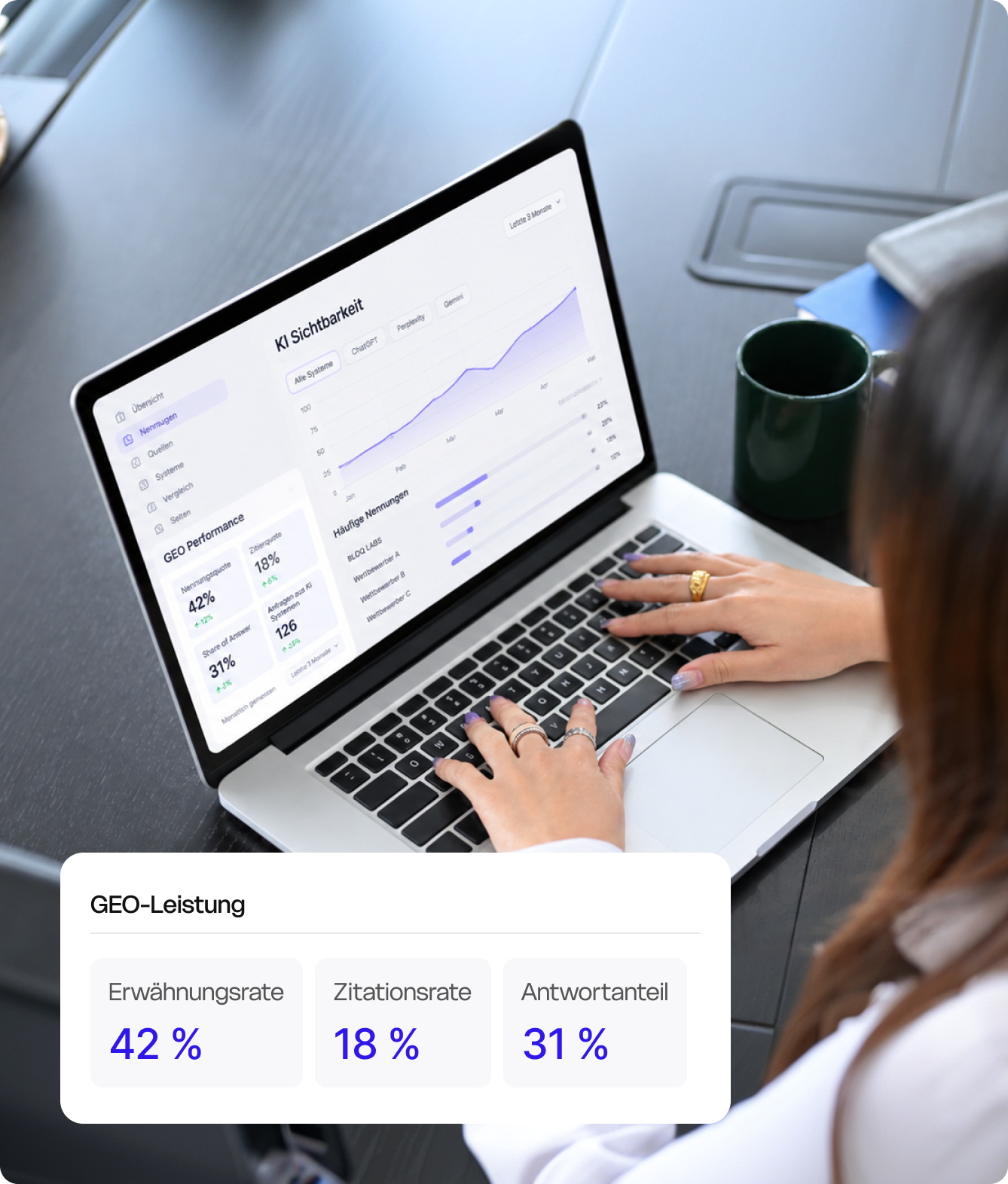Laptop mit SEO Report und vier Kennzahlen