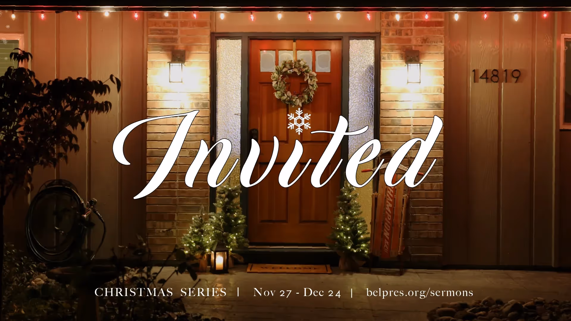 Cozy Christmas front porch with lights, wreath, and festive decorations.