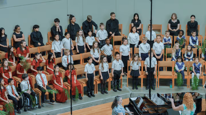 A wide photo showing the BelPres Kids Choir