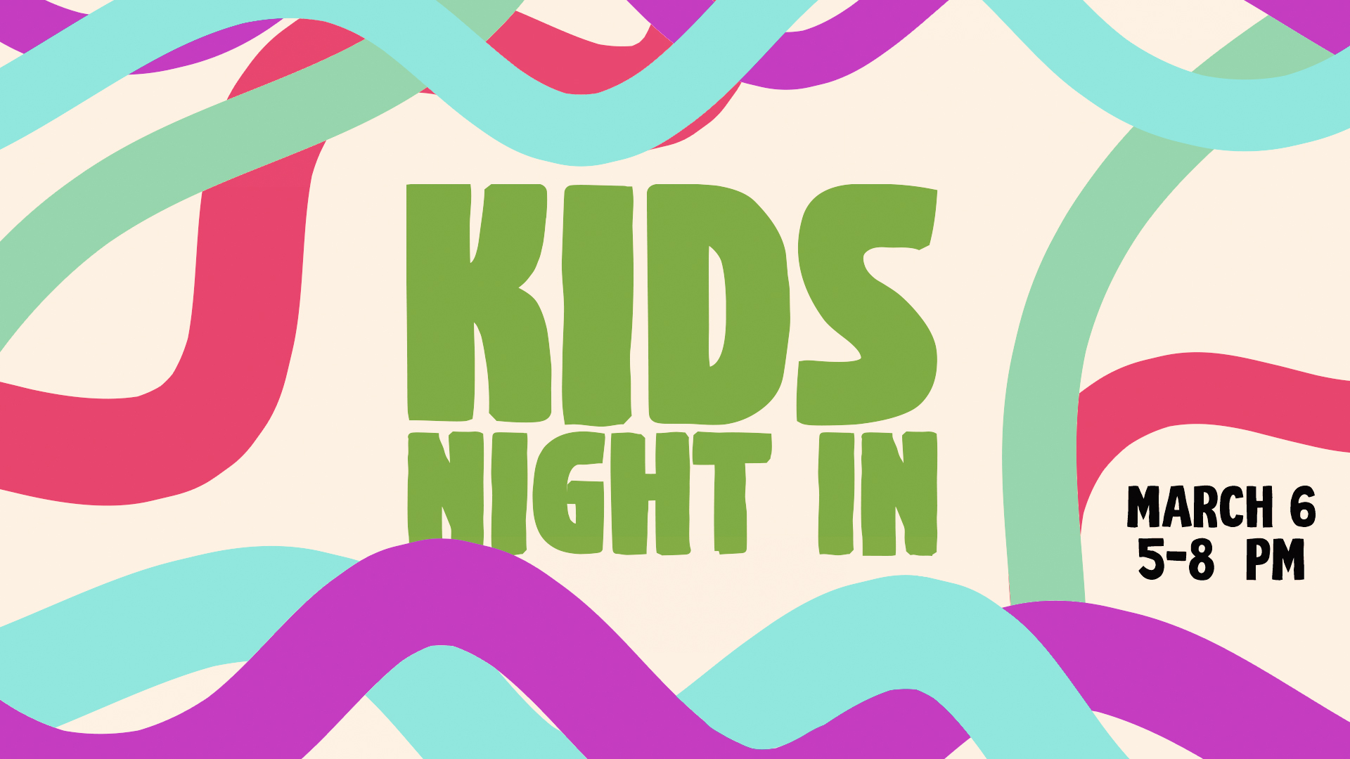 A graphic with a beige background and decorative text for Kids Night In