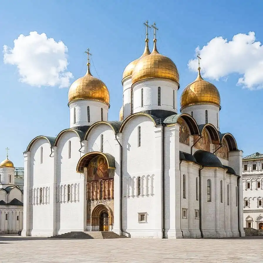 Fachada de pedra branca da Catedral da Dormição do Kremlin de Moscou em um dia ensolarado e claro. O maciço edifício retangular é decorado com arcos semicirculares, janelas altas e estreitas e coroado por cinco grandes cúpulas douradas em formato de capacete com cruzes de ferro forjado. Acima da entrada principal, avista-se um grande afresco retratando a Mãe de Deus, diante da catedral estende-se a Praça das Catedrais vazia e, à direita, veem-se as paredes brancas entalhadas do Palácio de Facetas sob o céu azul com nuvens leves.
