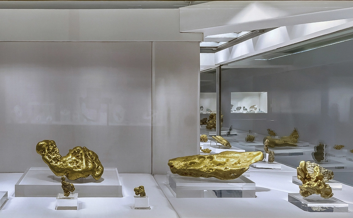 Vitrine de vidro exibindo grandes pepitas de ouro sobre bases brancas e suportes de vidro translúcido espesso. À esquerda, sobre um estrado em degraus, repousa uma maciça formação de ouro nativo com superfície rugosa e contornos irregulares que lembram a forma de um animal. Ao centro projeta-se um bloco alongado de ouro bruto com brilho metálico característico, ladeado por outras pepitas de formatos esculturais refletidas nas paredes envidraçadas da câmara.