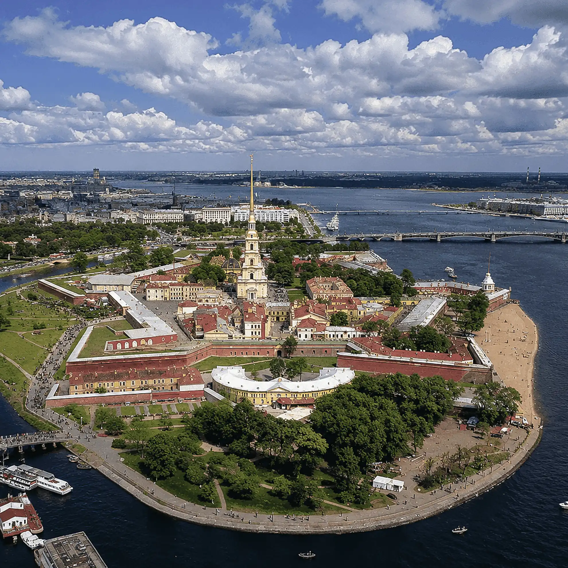 Vista aérea da Fortaleza de Pedro e Paulo situada em uma ilha fluvial no delta do rio Neva sob iluminação diurna. As muralhas e baluartes em pedra e tijolos com coberturas gramadas cercam a catedral com sua torre pontiaguda dourada ao centro, ladeada por embarcações navegando nas águas azuis diante da malha urbana de São Petersburgo.