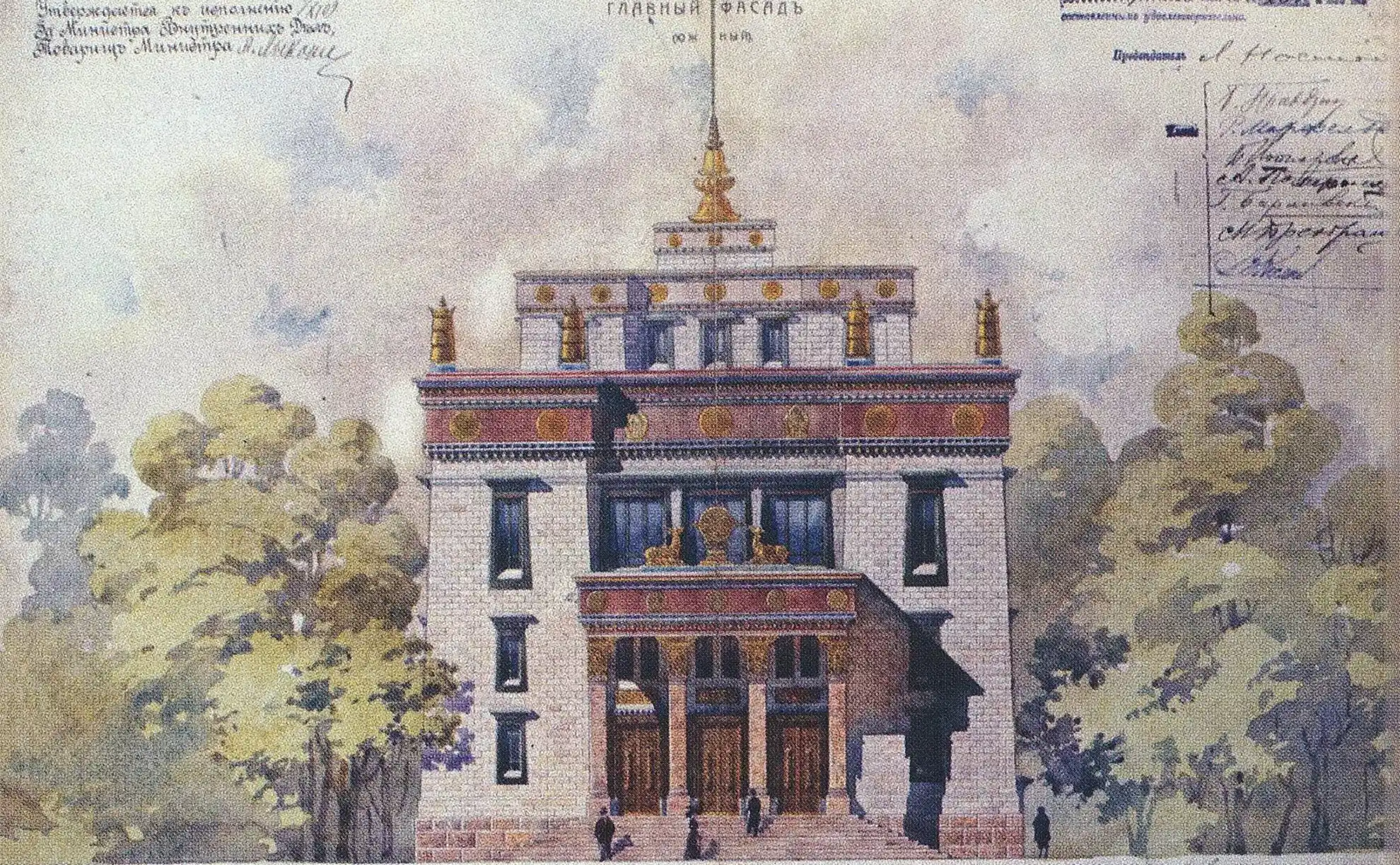 Fachada principal do templo budista Datsan Gunzechoinei construída em granito escuro com detalhes policromados. Sobre o pórtico de colunas lavradas cruzam cordas com dezenas de bandeiras de oração coloridas entre as copas de árvores do pátio, destacando degraus de pedra com esculturas guardiãs de leões na entrada.