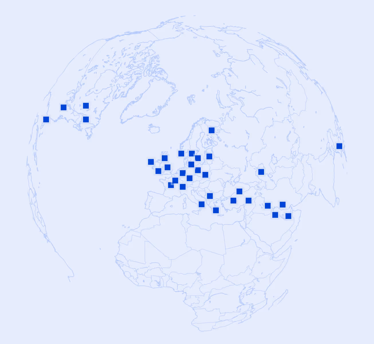 Globe map focused on Europe, western Asia, and northern Africa with multiple blue square markers indicating locations across these regions.
