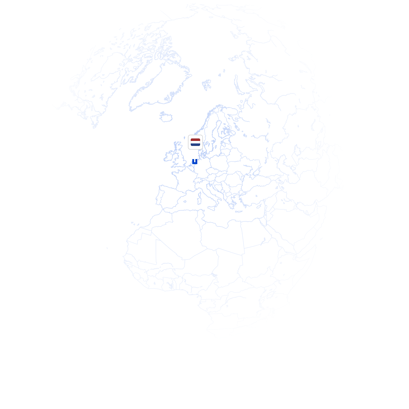 Map of Europe, parts of Africa, and the Middle East with country borders outlined in light blue and a marker with the Netherlands flag centered on the Netherlands.