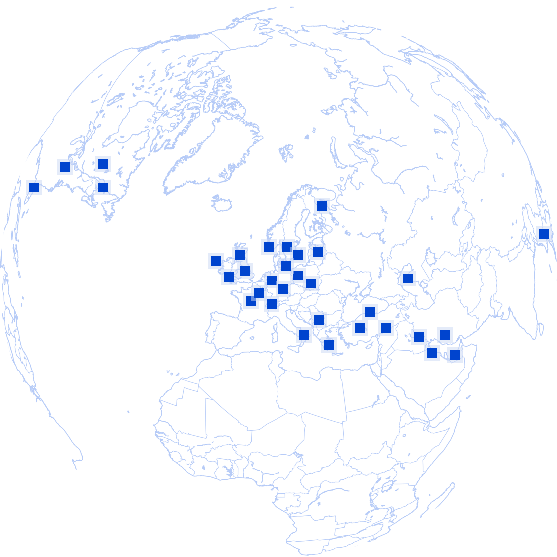Outline map of the Northern Hemisphere centered on Europe, with blue squares marking various locations across Europe, parts of the Middle East, and Alaska.