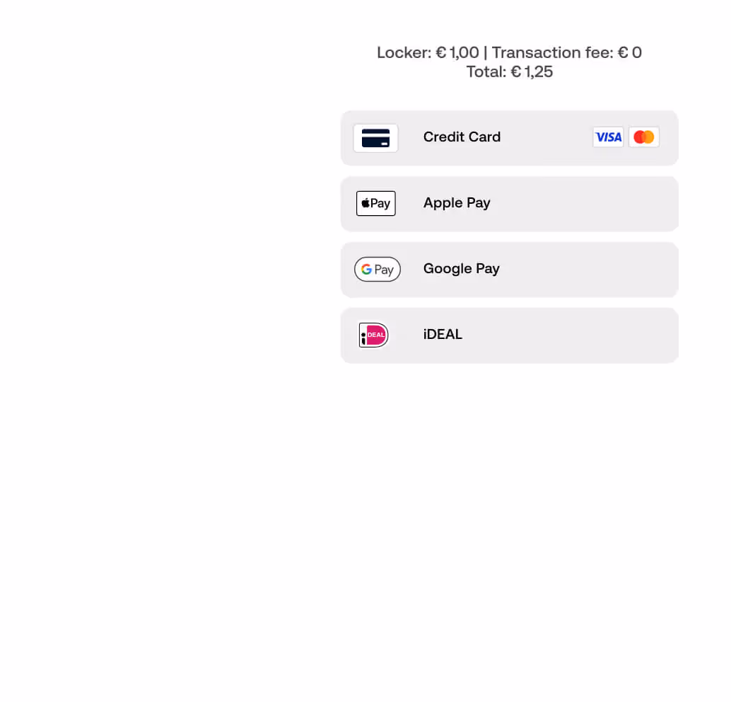 Payment options interface showing locker fee €1.00, transaction fee €0, total €1.25, with methods Credit Card, Apple Pay, Google Pay, and iDEAL.