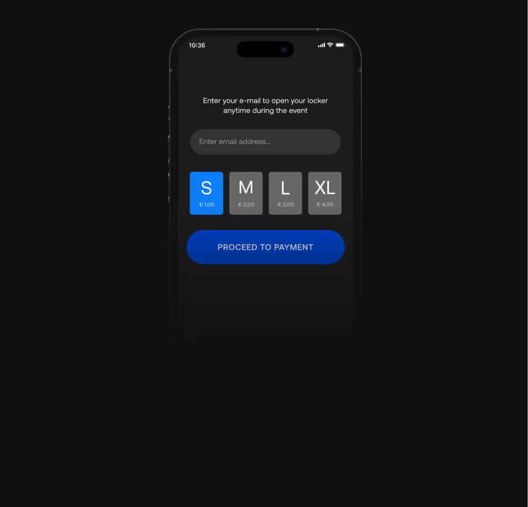 Mobile screen showing an email input to open a locker, size options S, M, L, XL with prices, and a blue proceed to payment button.