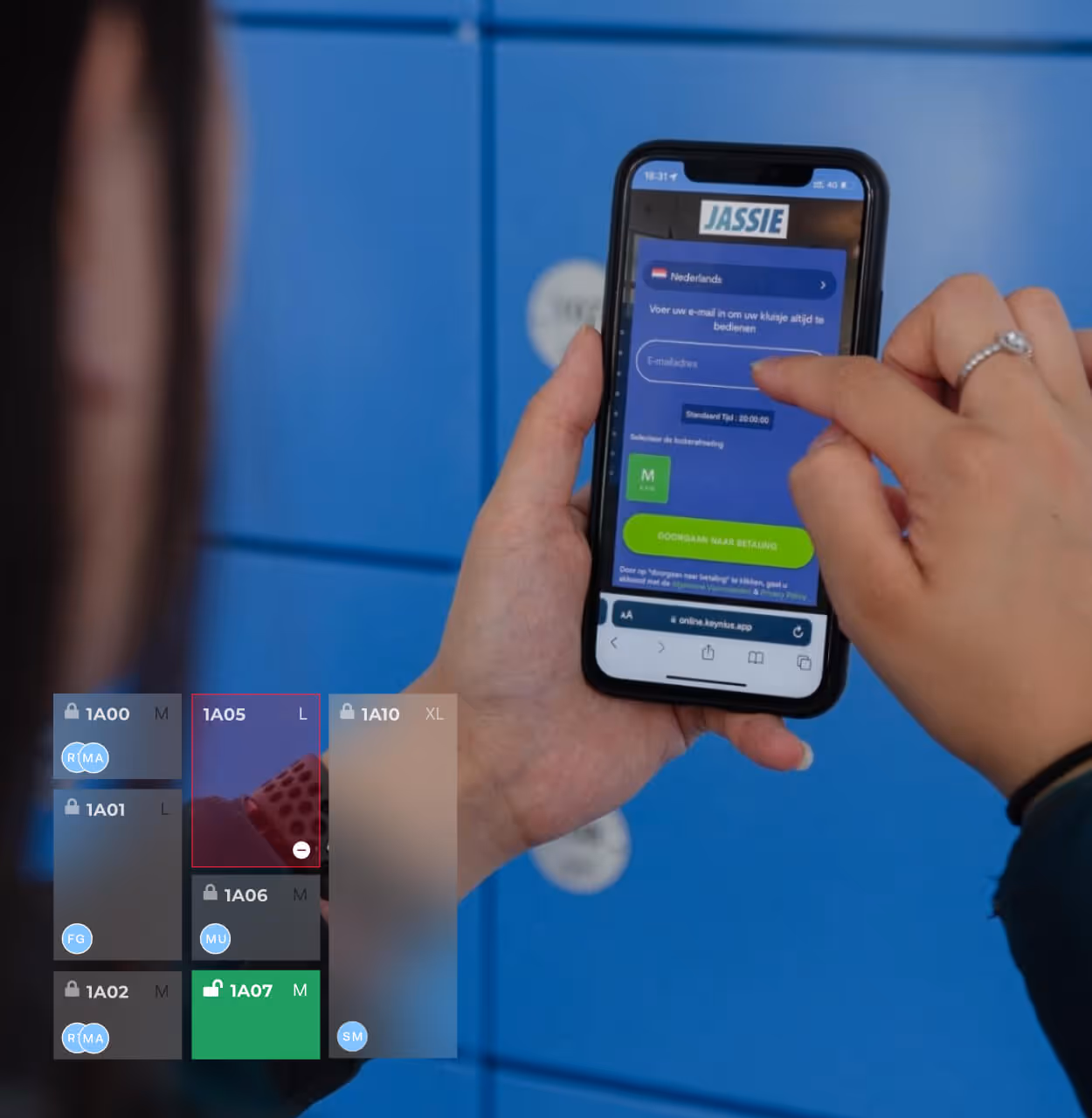Person using a smartphone app to enter an email and select a locker on a blue locker unit background.