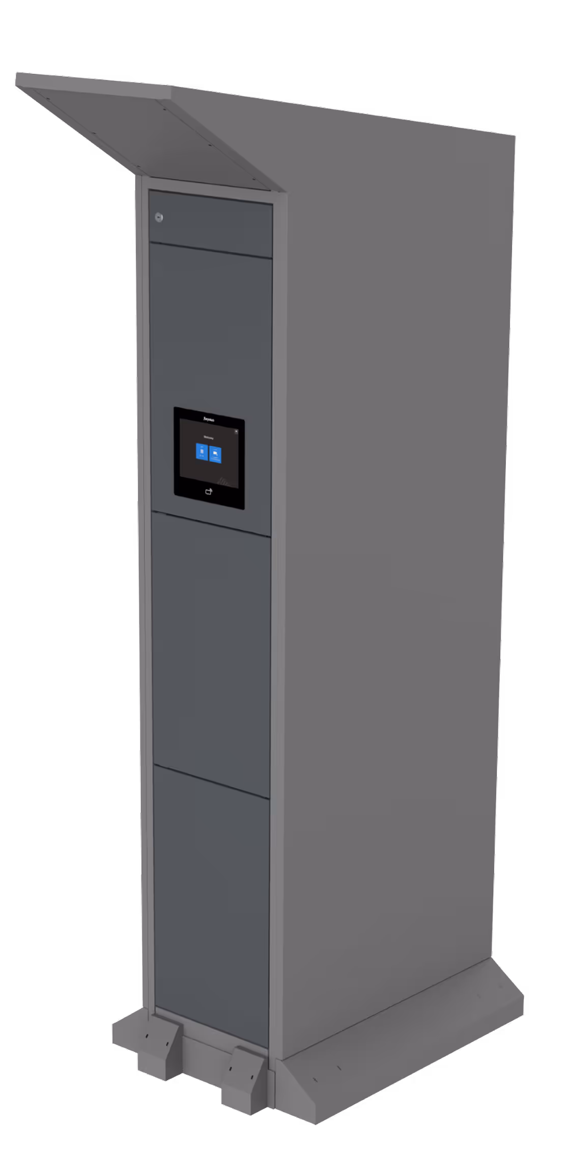 Tall, gray, rectangular electronic kiosk with a touchscreen display in the center and a protective overhang on top.