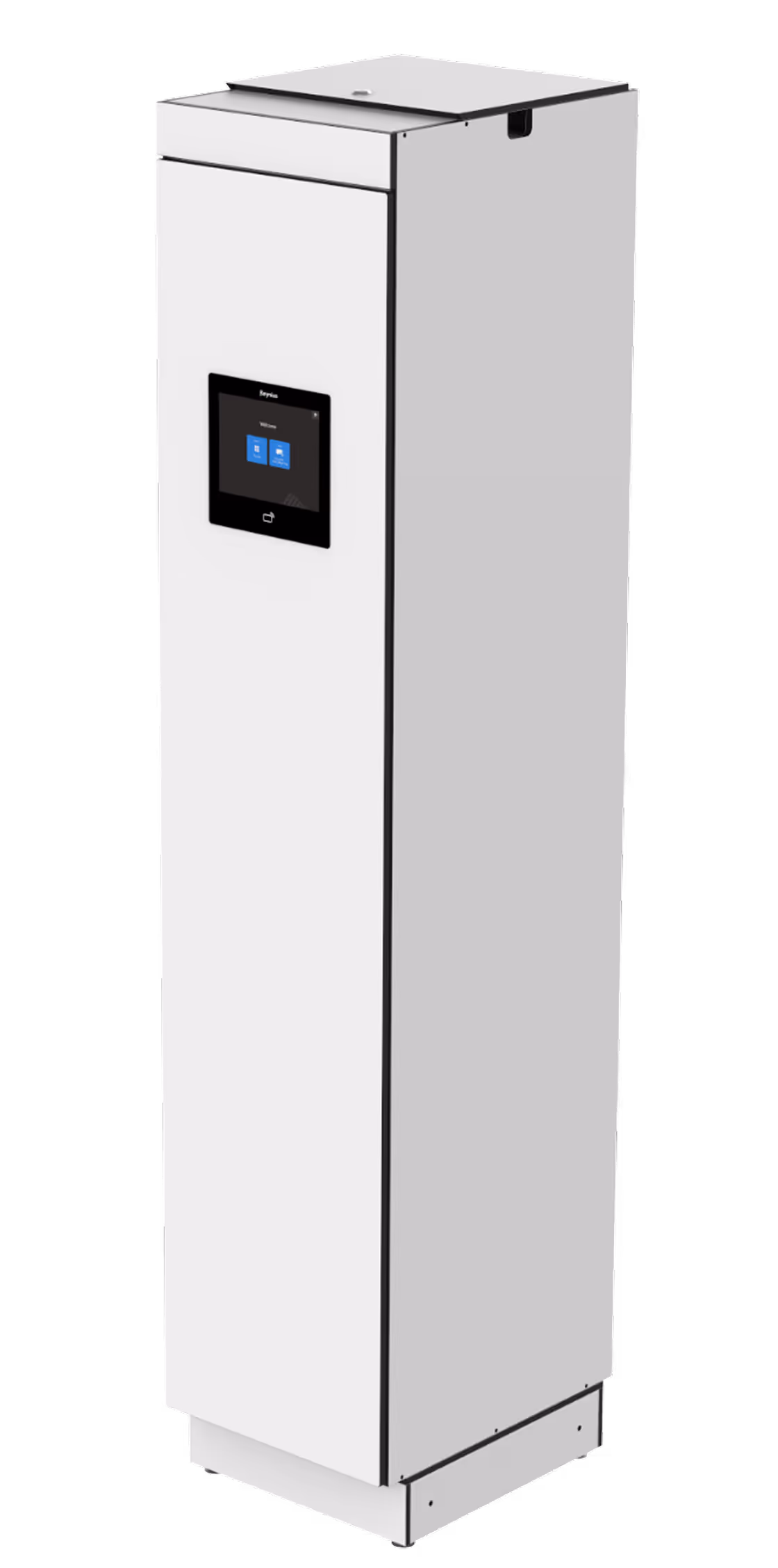 Tall white rectangular appliance with a black touchscreen panel on the front.