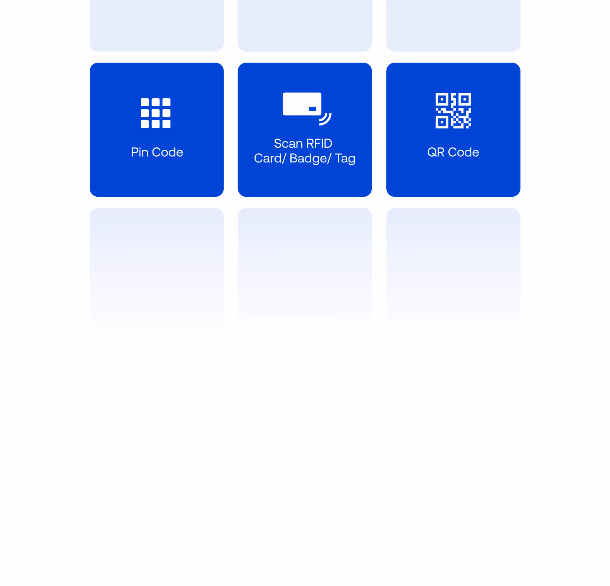 Blue square buttons with white icons and text for Pin Code, Scan RFID Card/Badge/Tag, and QR Code access options.