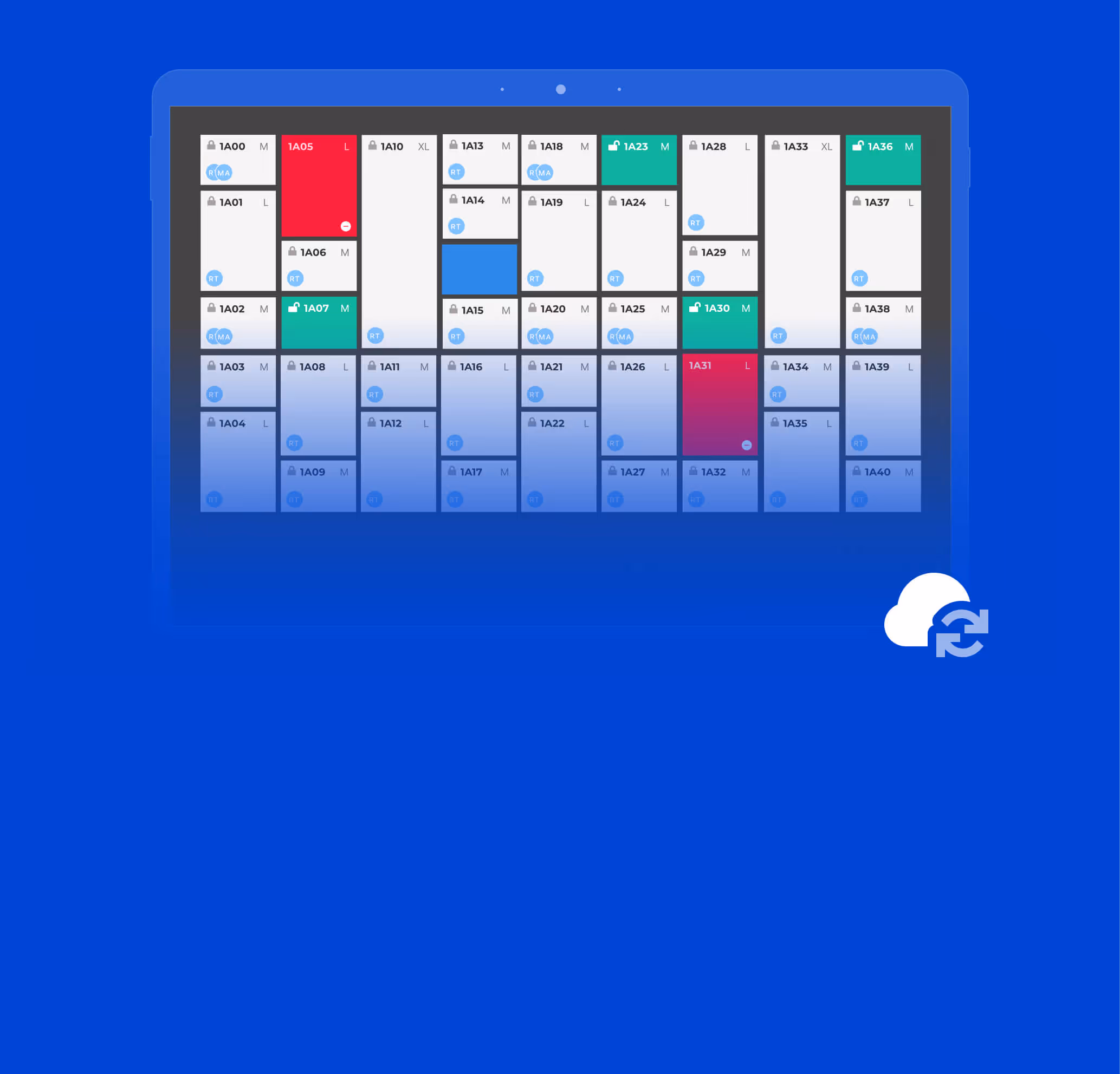 Grid layout on a laptop screen showing multiple color-coded boxes labeled with codes and sizes, with a cloud sync icon at bottom right.