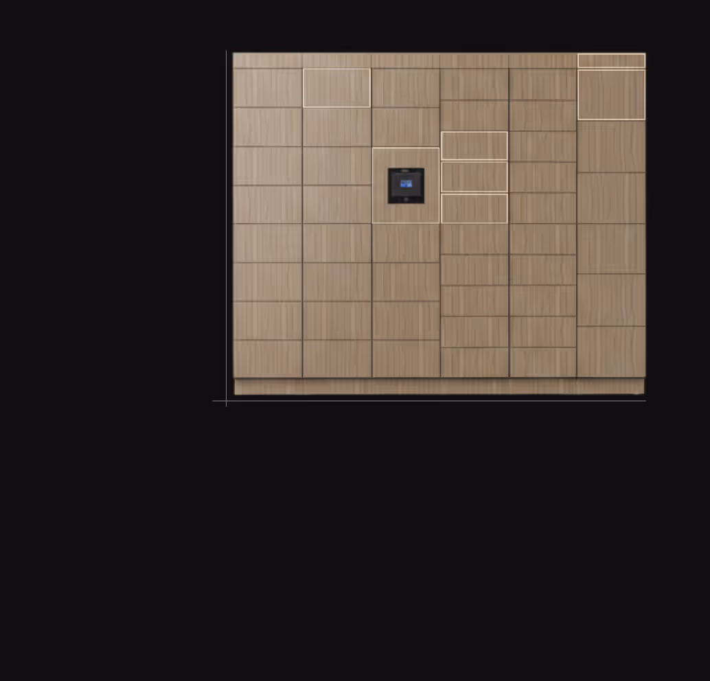 Wooden storage locker wall with multiple square compartments and a central digital screen panel.