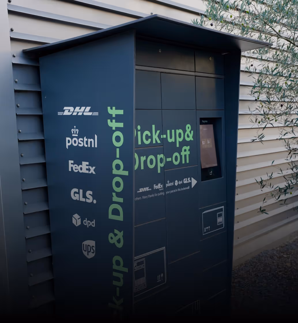 Outdoor self-service parcel locker for pick-up and drop-off with logos of DHL, PostNL, FedEx, GLS, DPD, and UPS visible.
