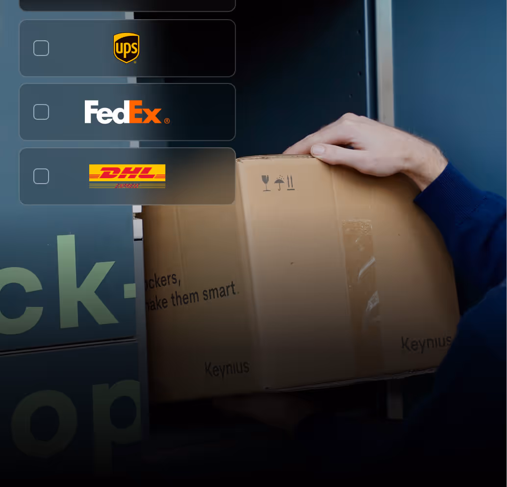 Hand holding a cardboard box with fragile and umbrella care symbols, alongside selectable logos of UPS, FedEx, and DHL on the left.