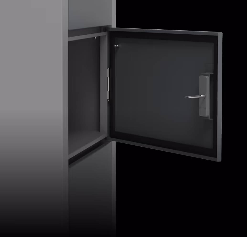 Open black secure metal locker door with an interior latch lock against a black background.