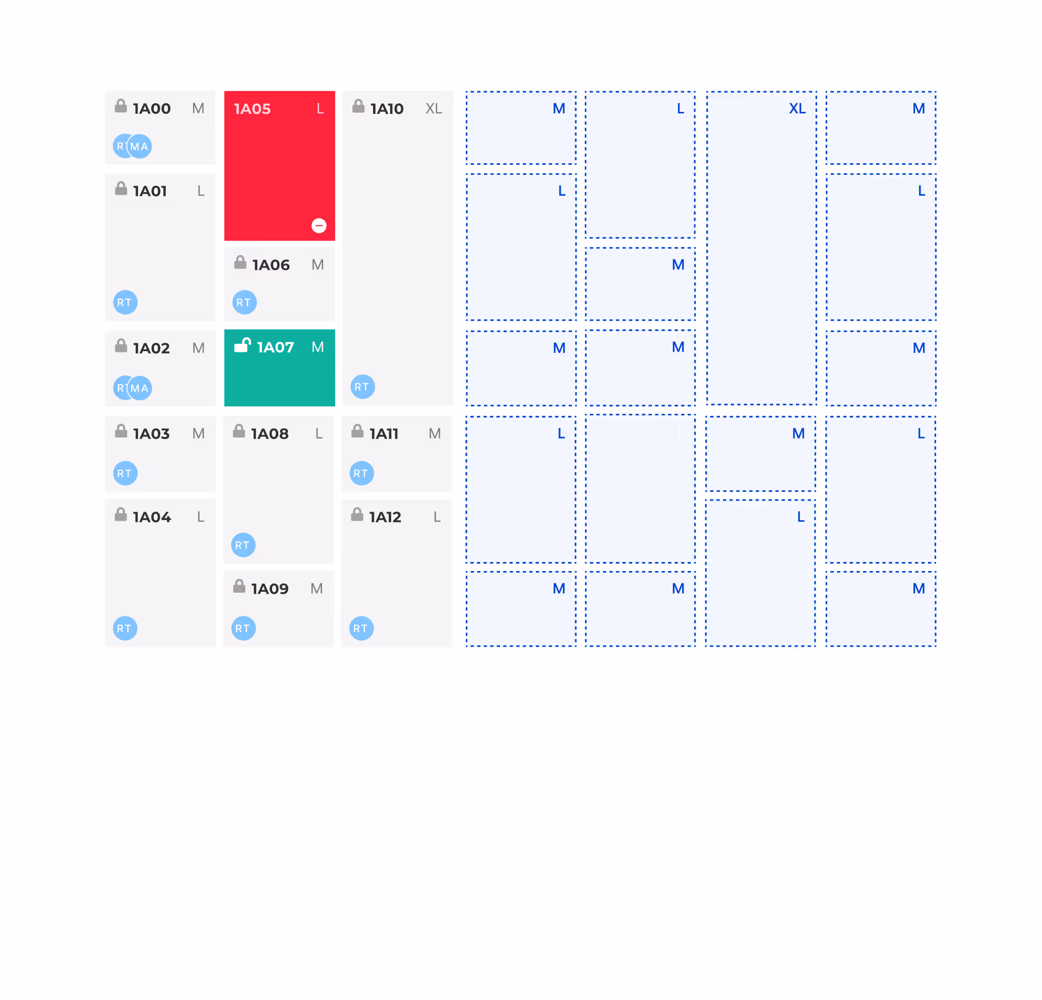 A seating chart with locked and available seats marked by alphanumeric codes; some seats are highlighted in red (unavailable) and green (selected), with size labels M, L, and XL, and user initials in blue circles.