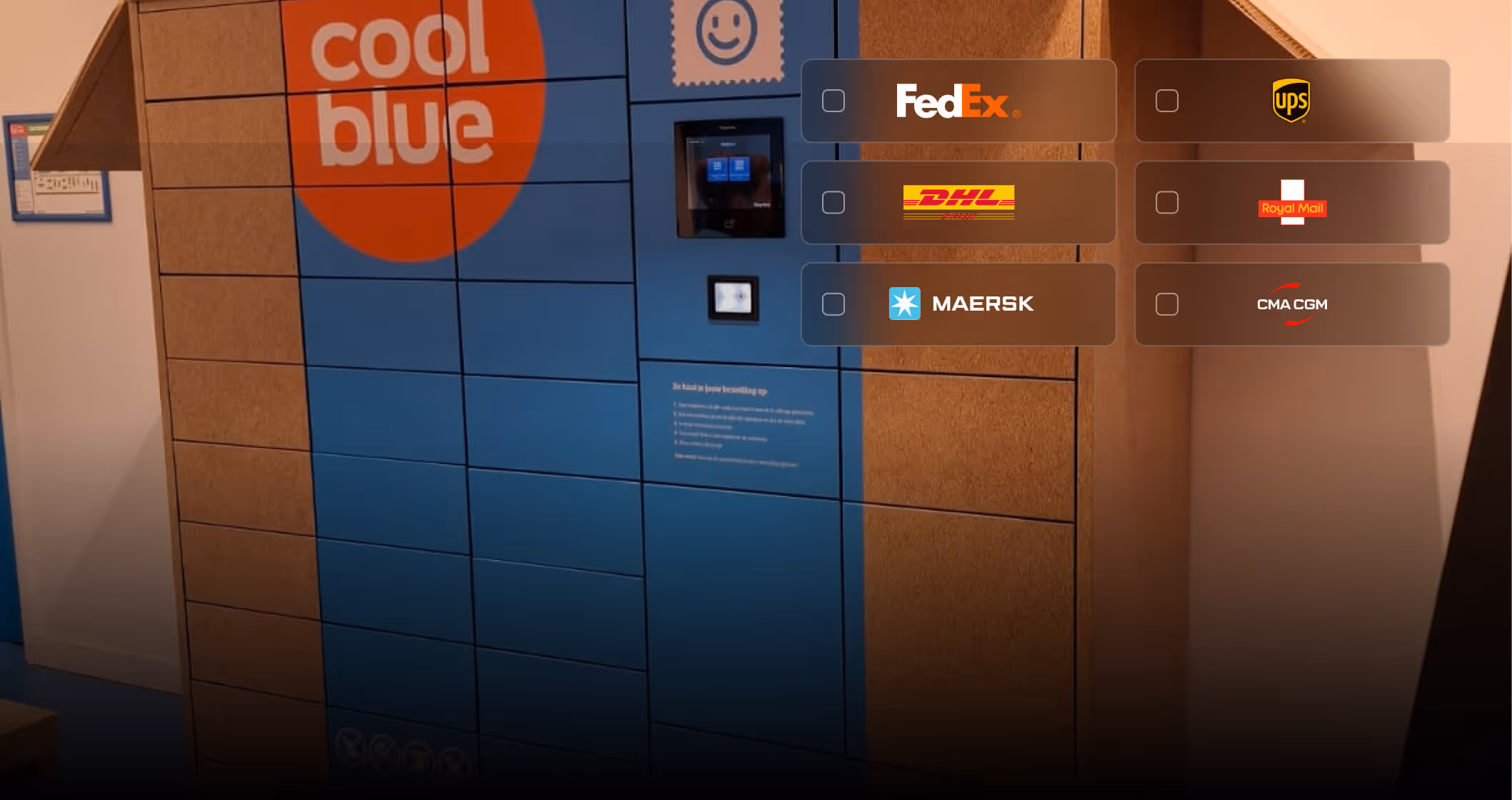 Coolblue branded parcel locker with multiple compartments and logos of delivery companies FedEx, UPS, DHL, Royal Mail, Maersk, and CMA CGM displayed to the right.