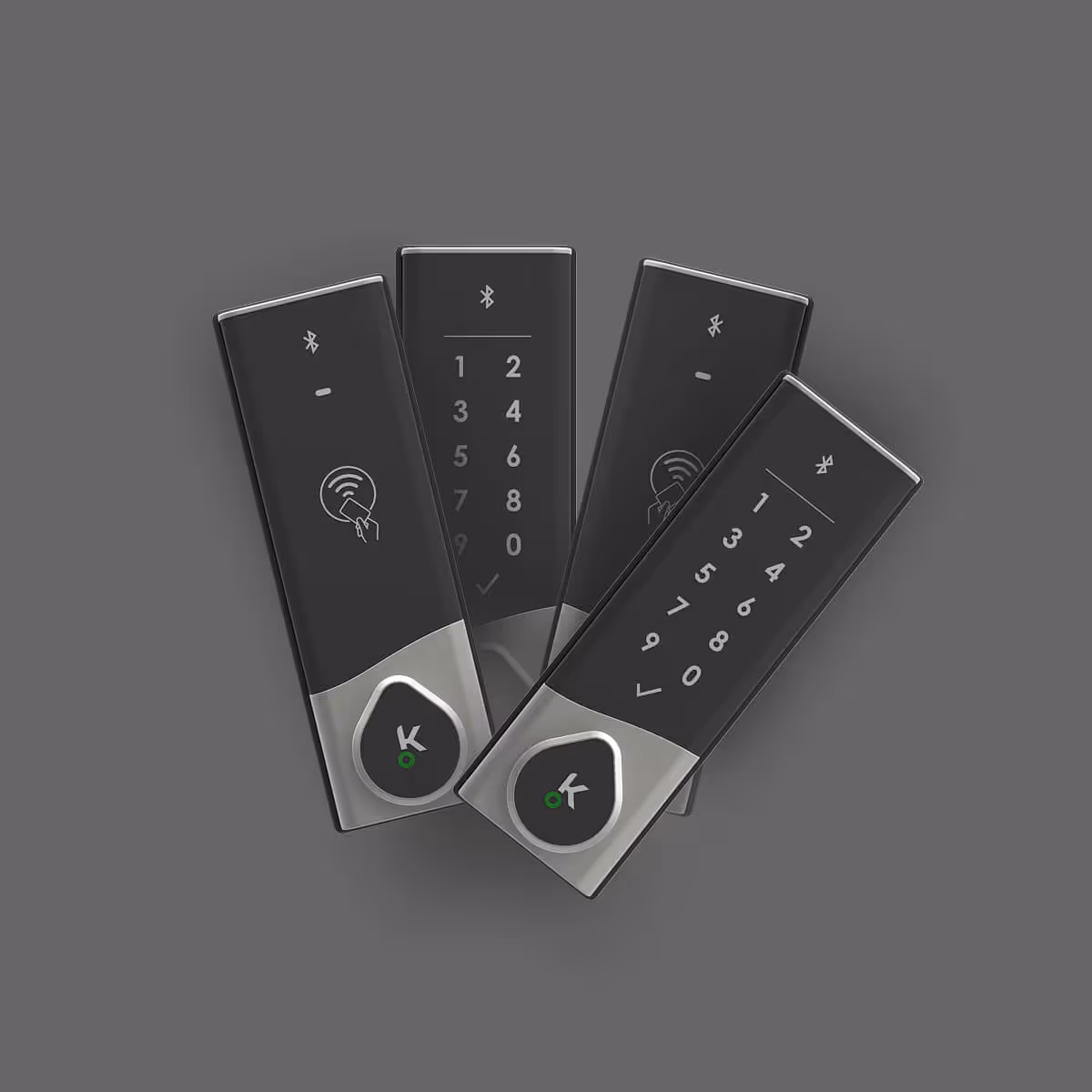 Four sleek black digital door locks with numeric keypads and Bluetooth icons on a gray background.