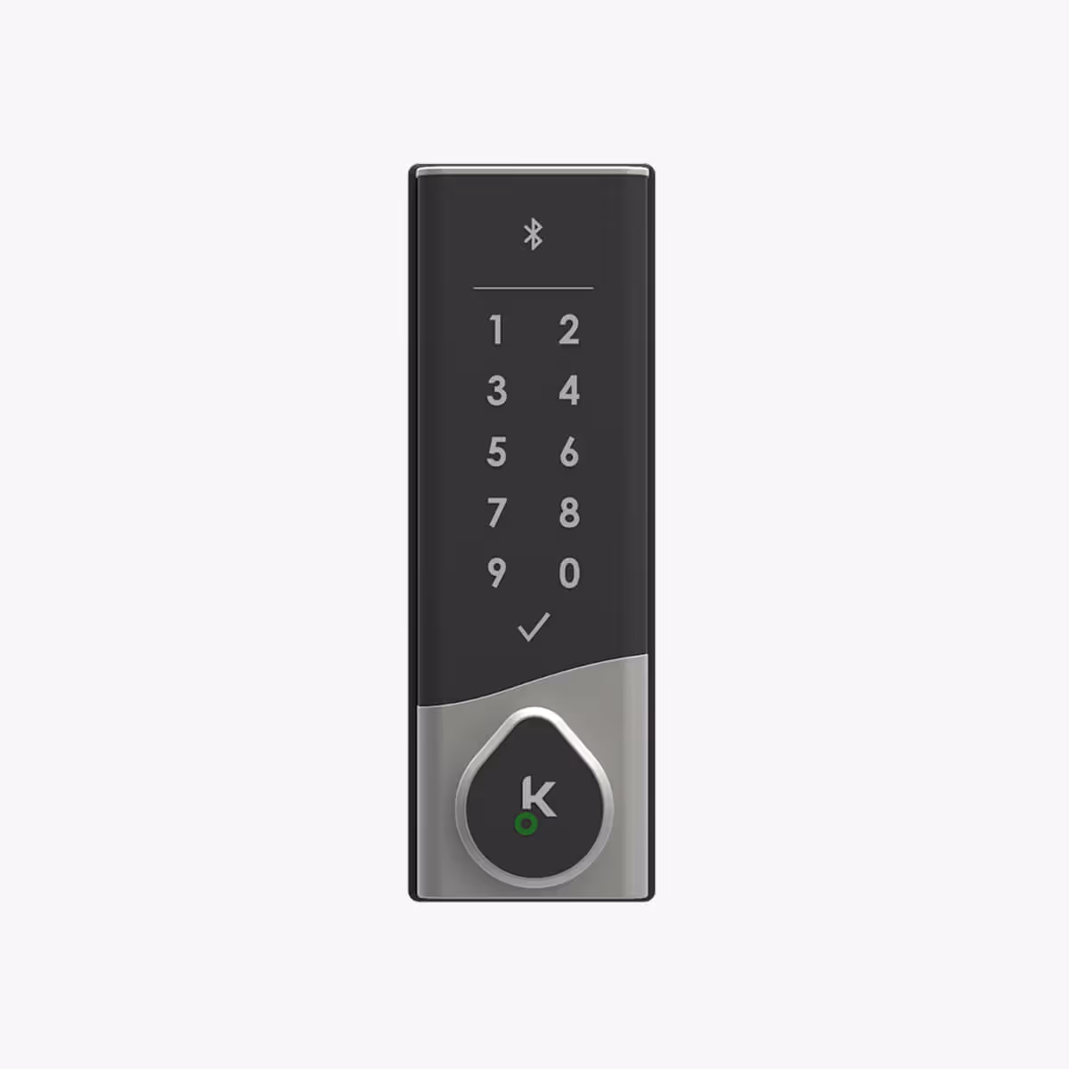 Modern electronic keypad door lock with Bluetooth symbol and number pad from 1 to 0, featuring a checkmark button and a circular key area at the bottom.