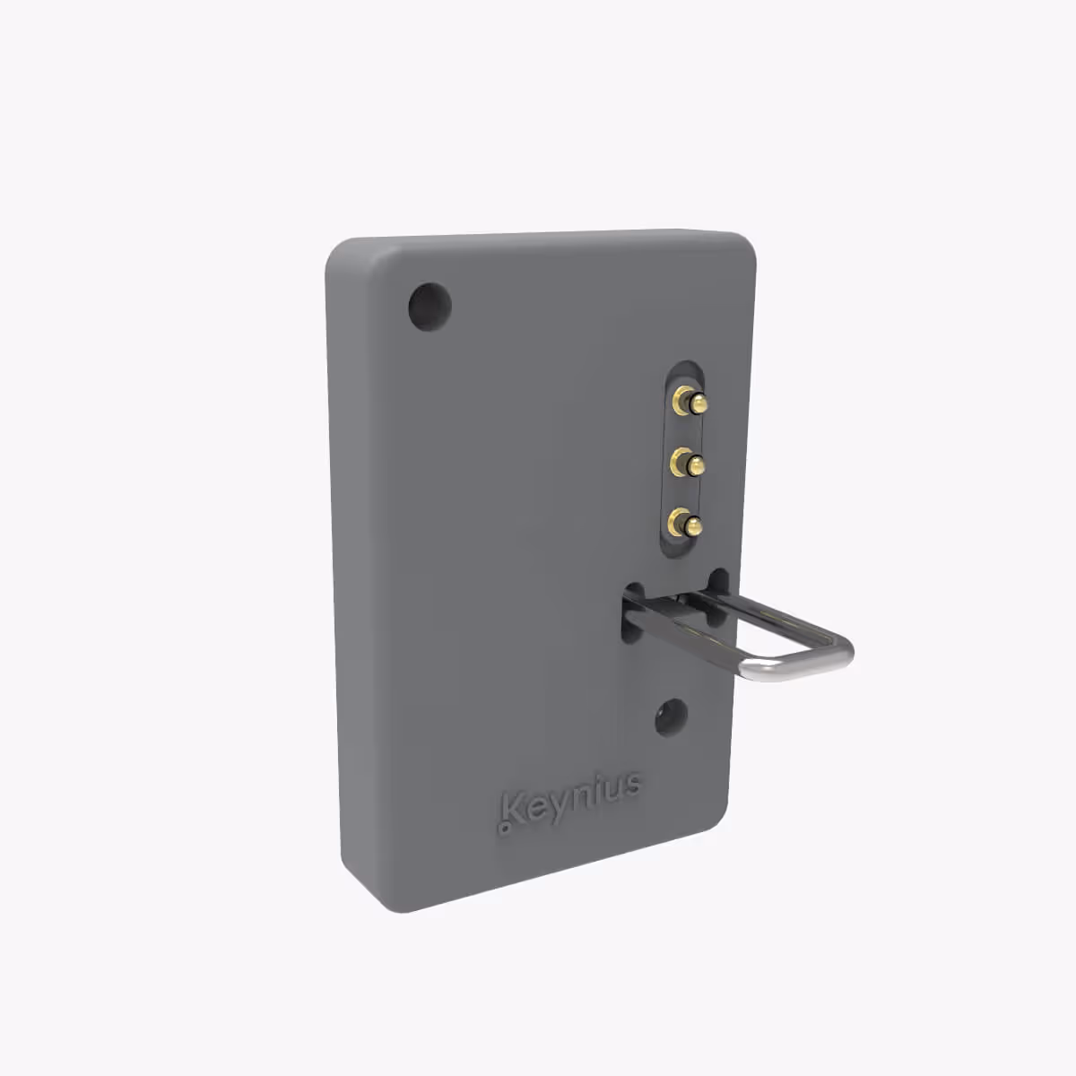 Gray rectangular electronic lock device with three brass connectors and a metal U-shaped shackle, branded Keynius.