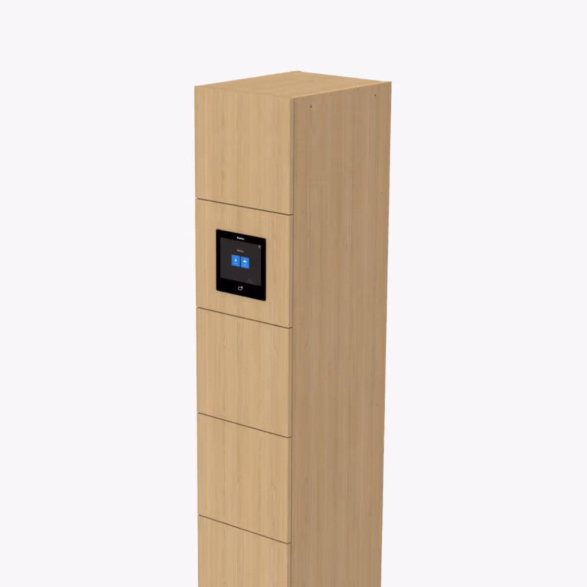 Luvio smart locker with a touchscreen interface displaying blue icons in the center.