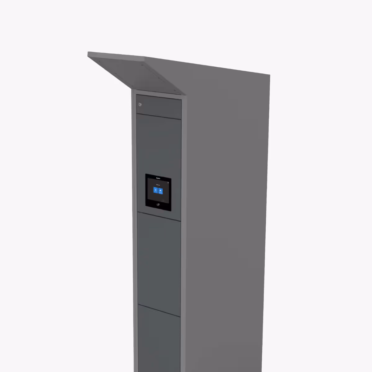 Rain smart locker with a small digital screen displaying options and a protective canopy on top.