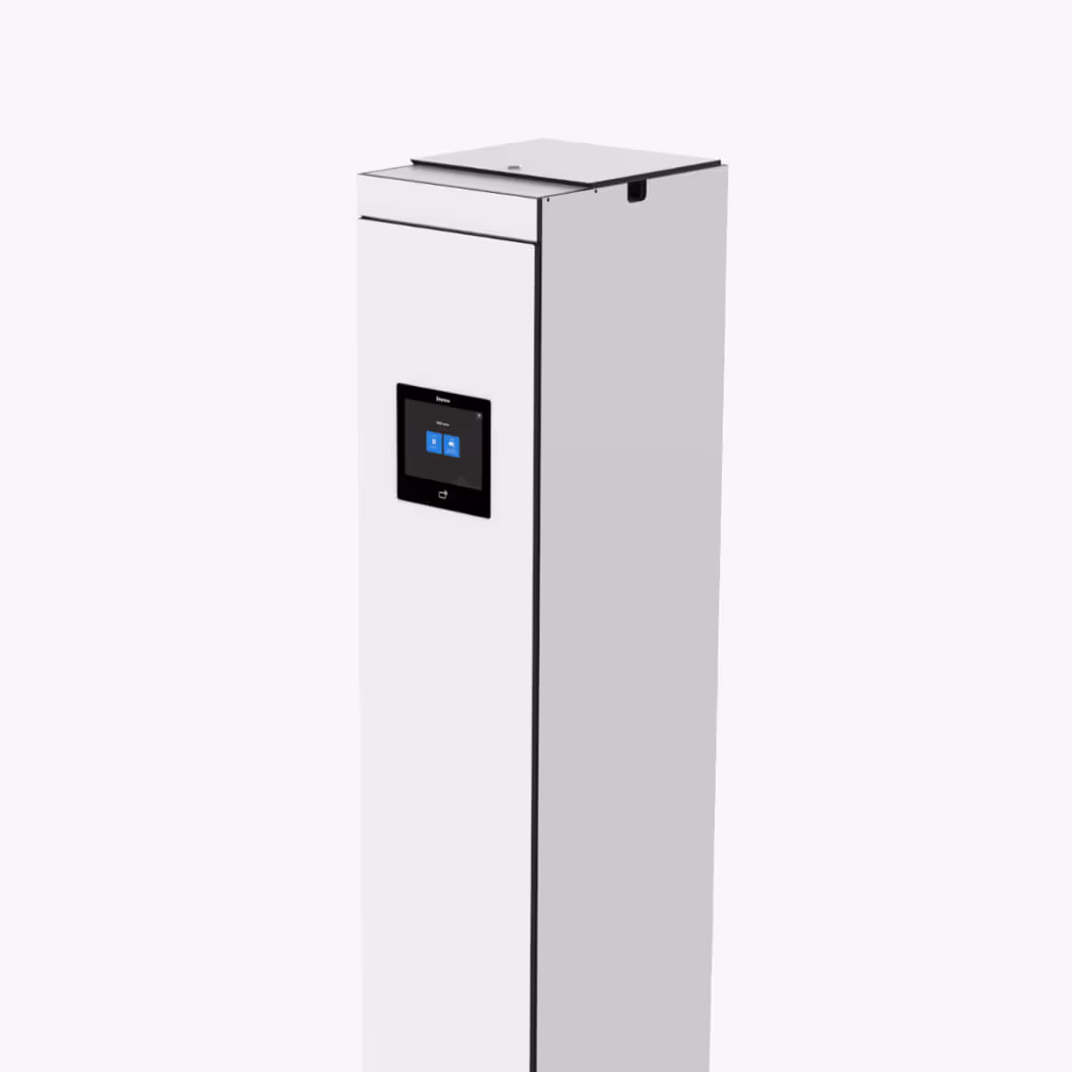 Solid smart locker with a touchscreen interface displaying blue icons in the center.