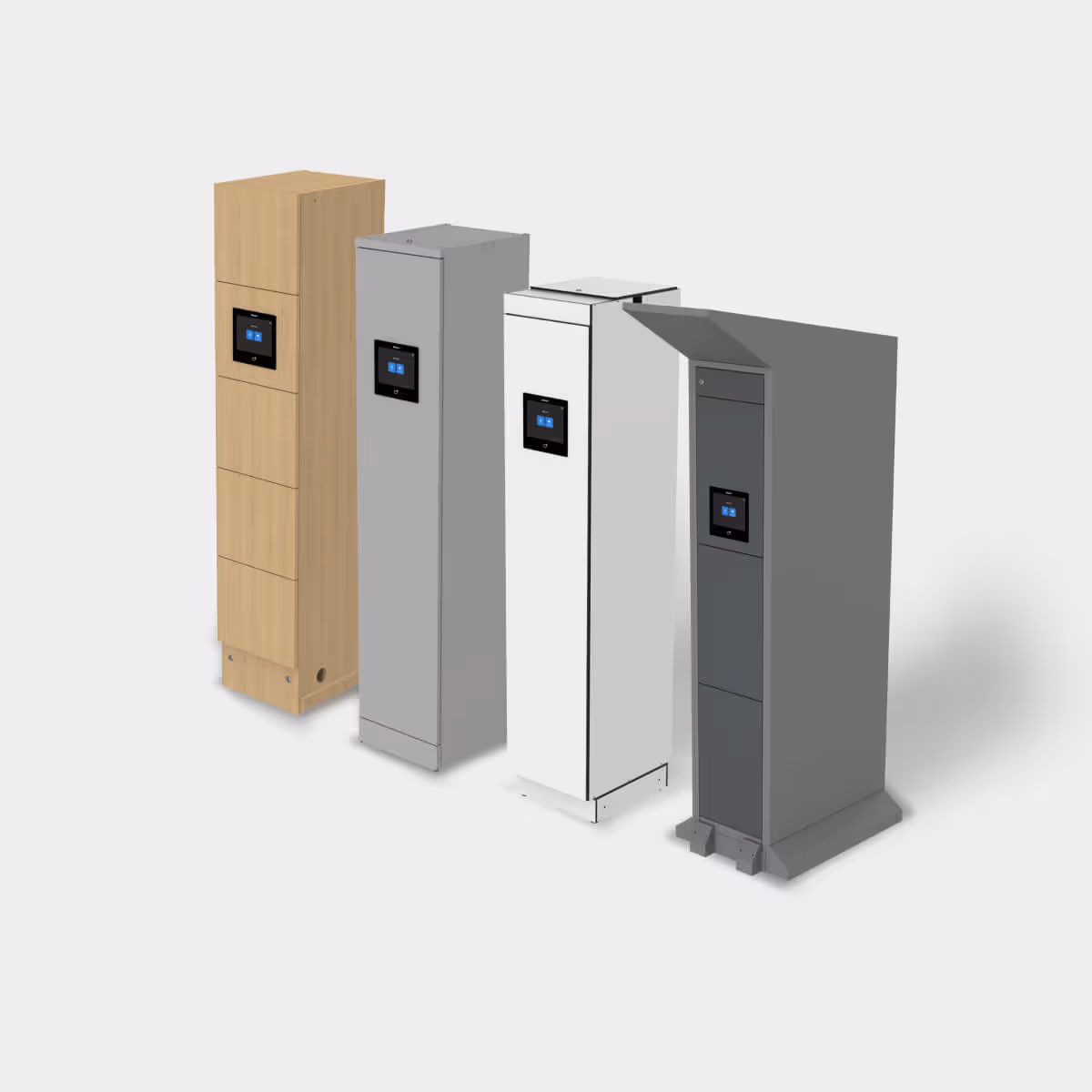 Four tall rectangular locker units in wood, light gray, white, and dark gray, each with a small digital touchscreen on the front.