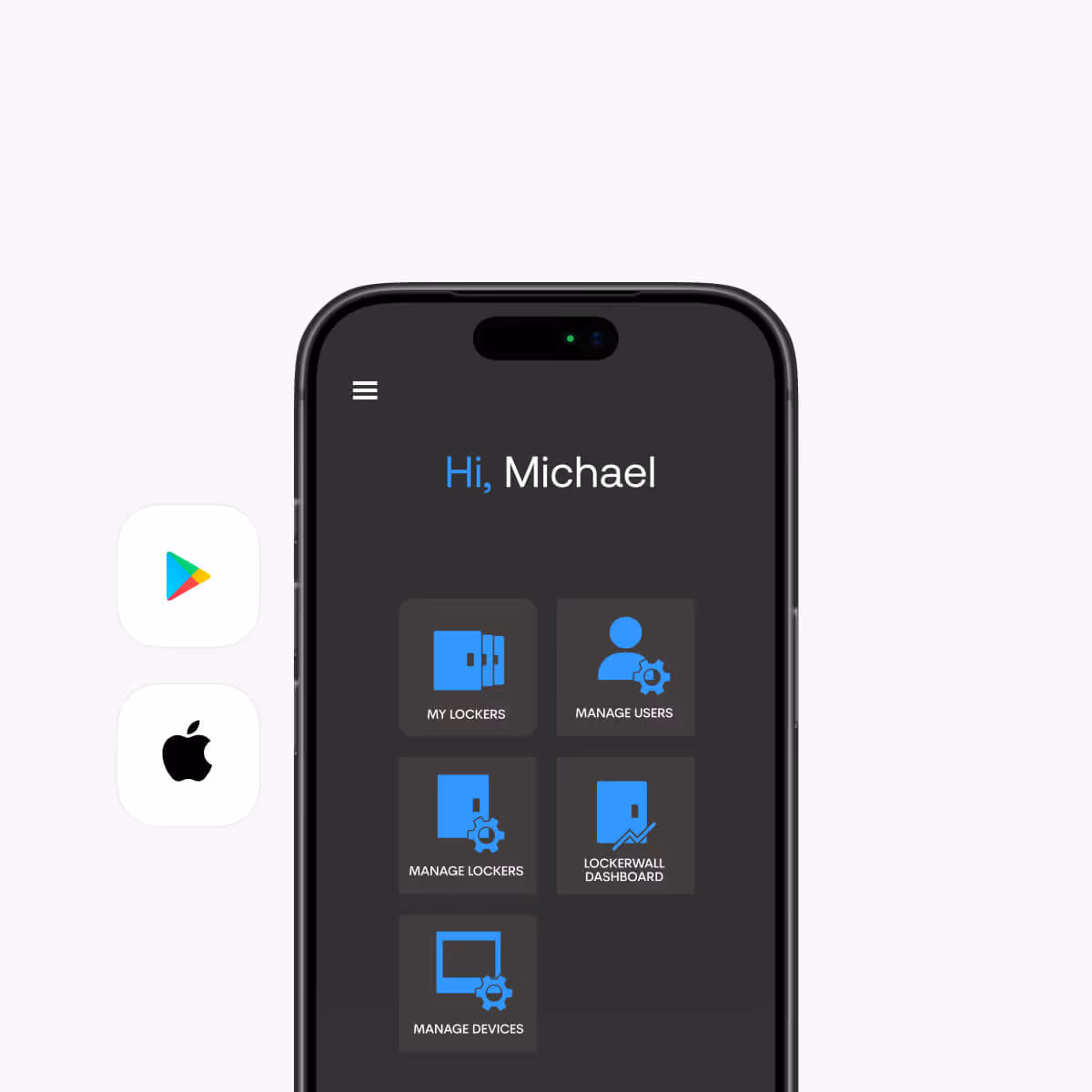 Smartphone screen showing a user interface with greeting 'Hi, Michael' and icons for My Lockers, Manage Users, Manage Lockers, Lockerwall Dashboard, and Manage Devices.