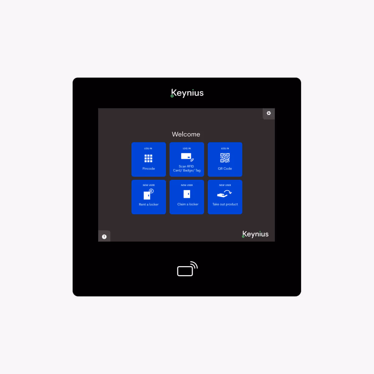 Keynius digital locker interface showing options to log in with pincode, RFID card, or QR code, and options for new users to rent or claim a locker or take out products.