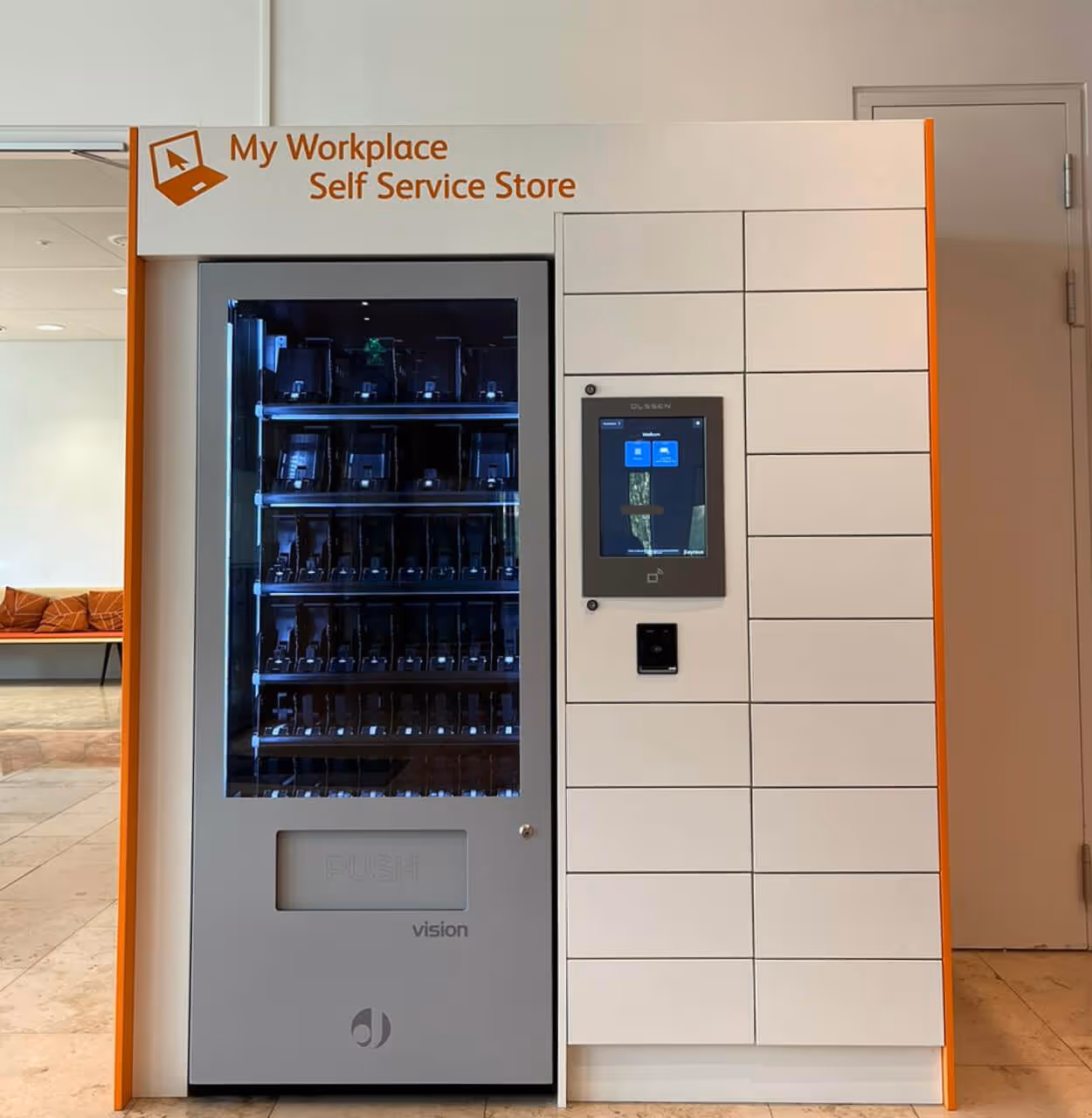 My Workplace Self Service Store vending machine with touchscreen and multiple storage compartments.