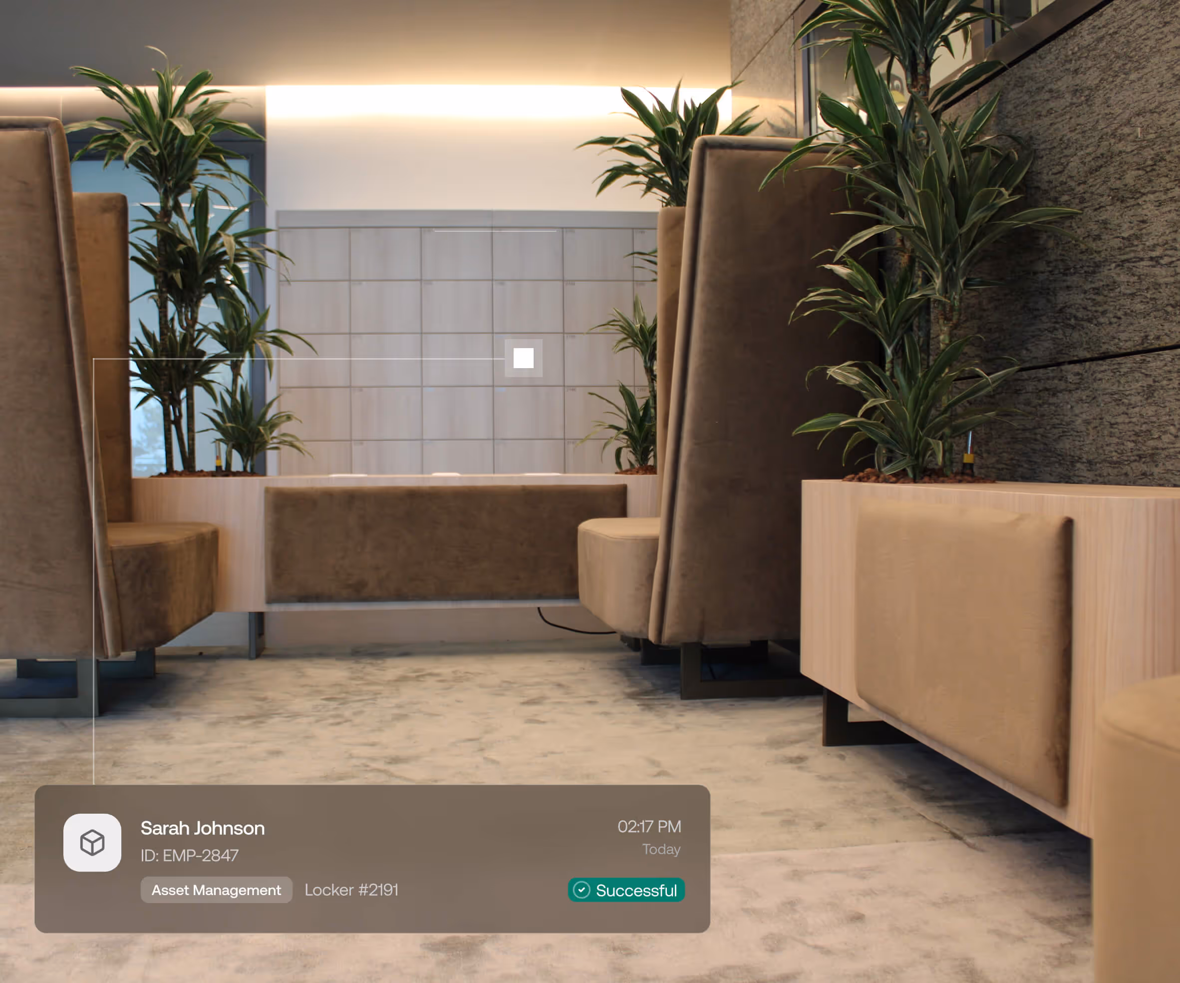 Modern locker room with brown cushioned benches, tall green plants, and digital overlay showing asset management success for Sarah Johnson.