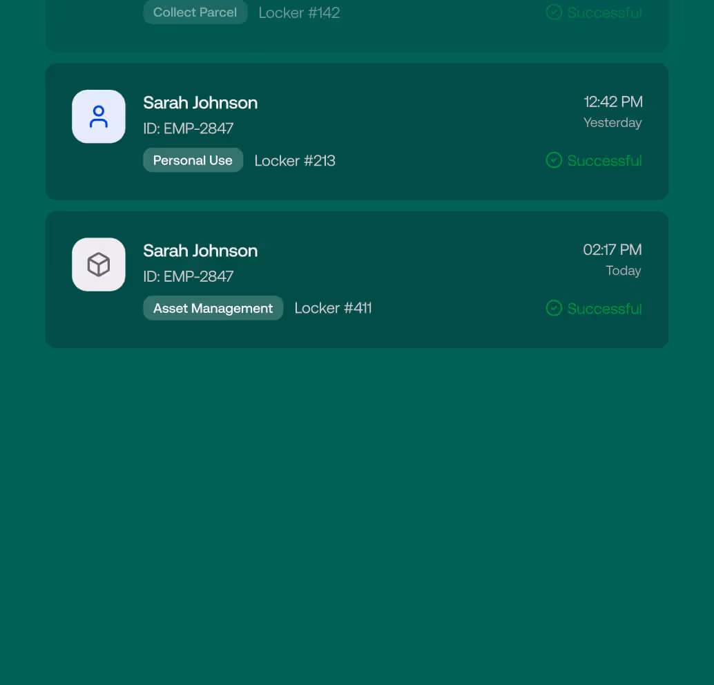Two user activity cards for Sarah Johnson with ID EMP-2847 showing locker usage: personal use at Locker #213 yesterday at 12:42 PM, and asset management at Locker #411 today at 2:17 PM, both marked successful.