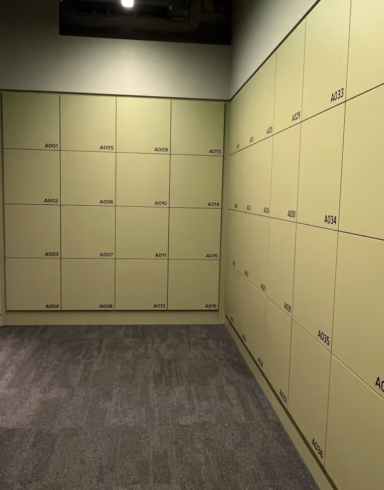 Room corner with beige lockers labeled with alphanumeric codes starting with 'A' and gray carpeted floor.