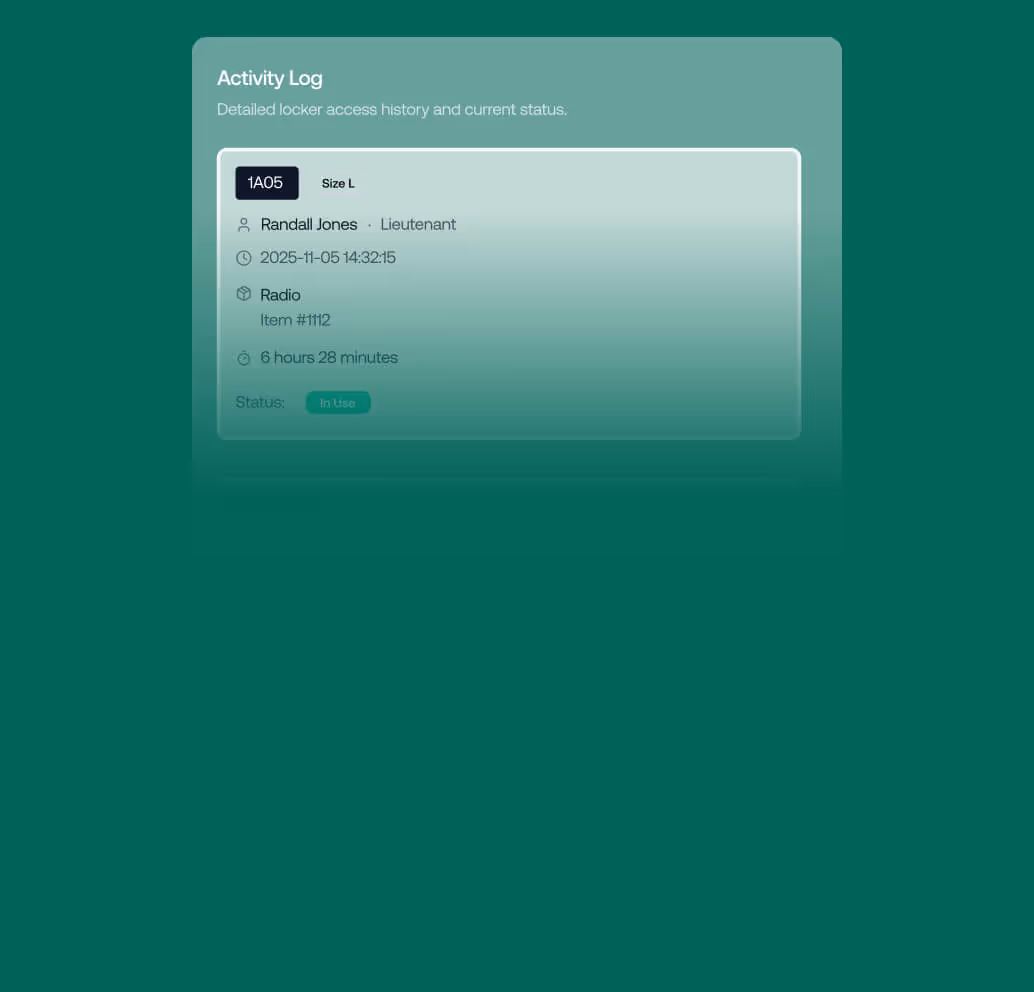 Locker activity log showing access by Randall Jones, Lieutenant, for locker 1A05 size L, accessed on 2025-11-05 at 14:32:15, storing a radio item #1112, used for 6 hours 28 minutes, status in use.
