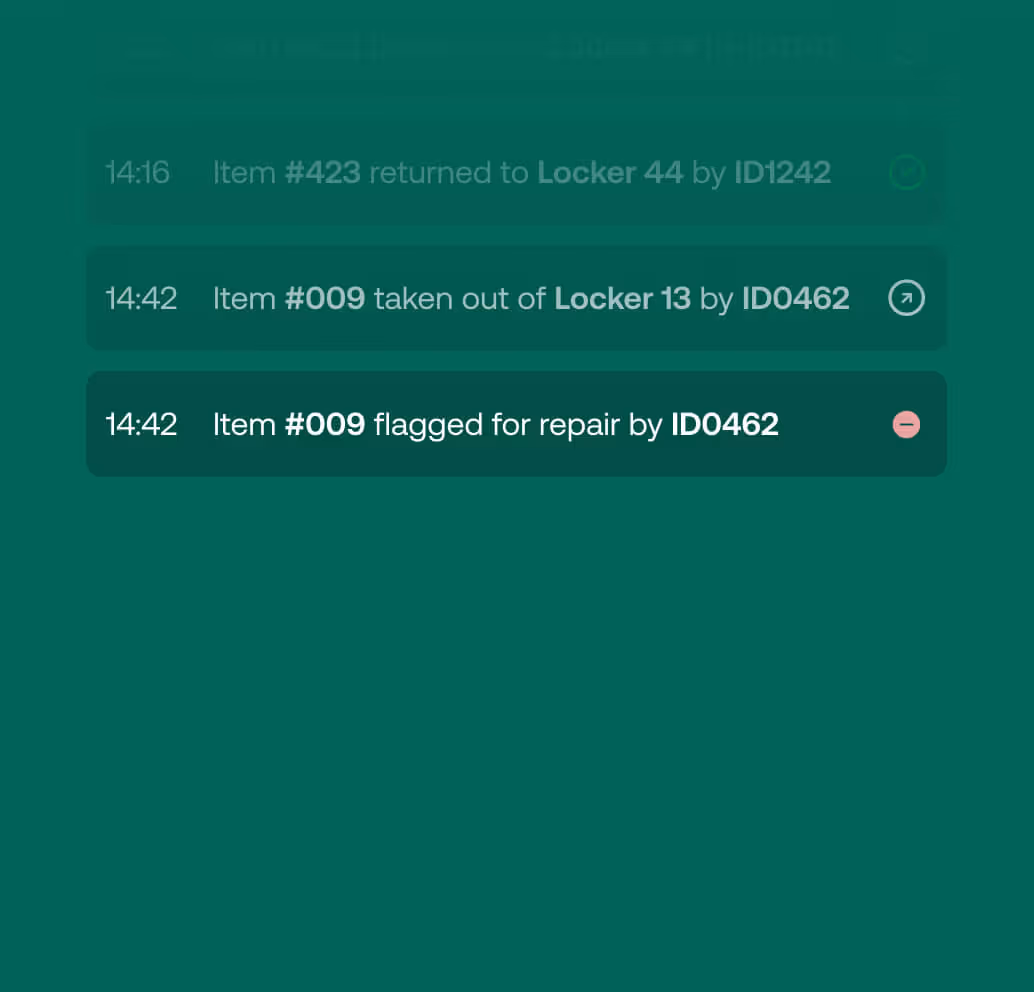 Three locker system notifications showing times, item numbers, locker numbers, user IDs, and status icons.