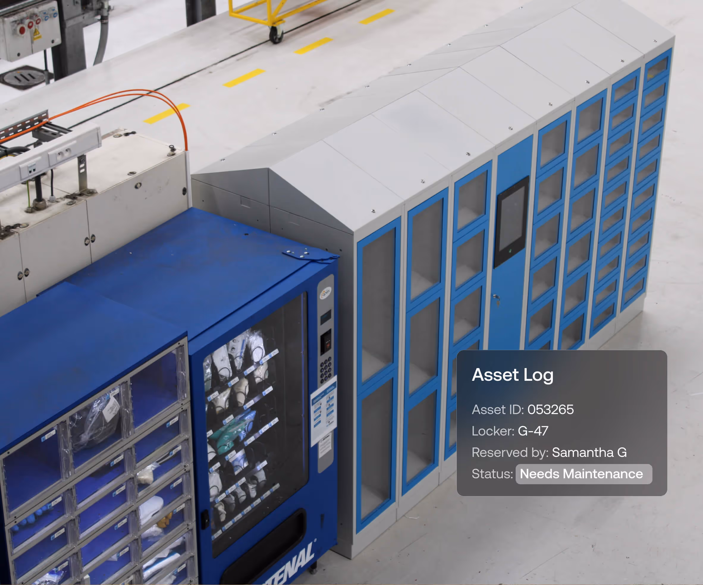 Blue automated vending and locker system in a warehouse with an asset log showing maintenance needed for locker G-47 reserved by Samantha G.
